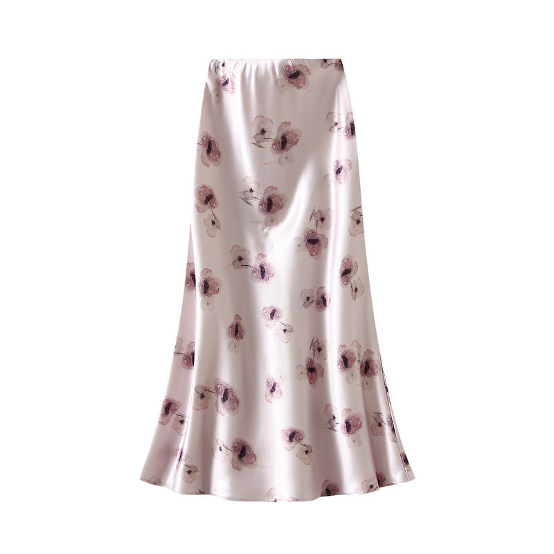 High Grade Satin Skirt Women Summer Printed Fishtail Skirt Slim Fit Mid Length Dress - ALZO