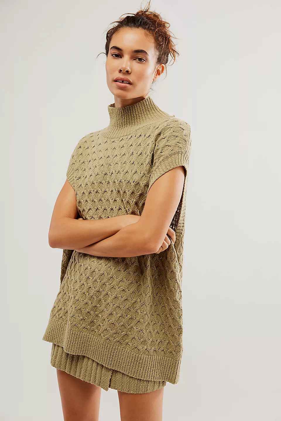 Autumn Winter Women Solid Color Sleeveless Casual Loose Woolen Top Sexy Skirt Two Piece Sets
