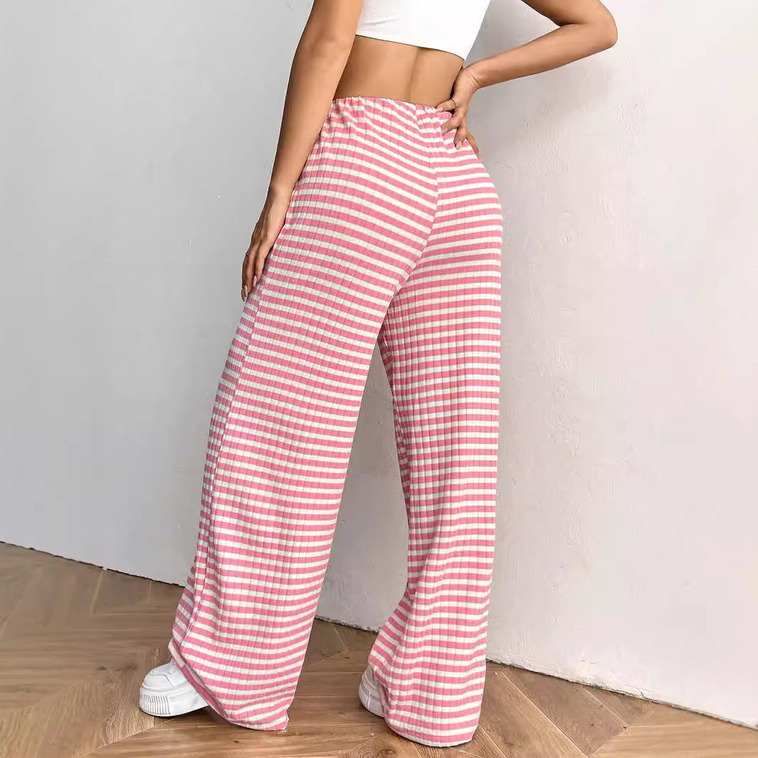 Autumn Winter Women Casual Striped Solid Color Rubber Band Drawstring Straight Leg Pants - ALZO