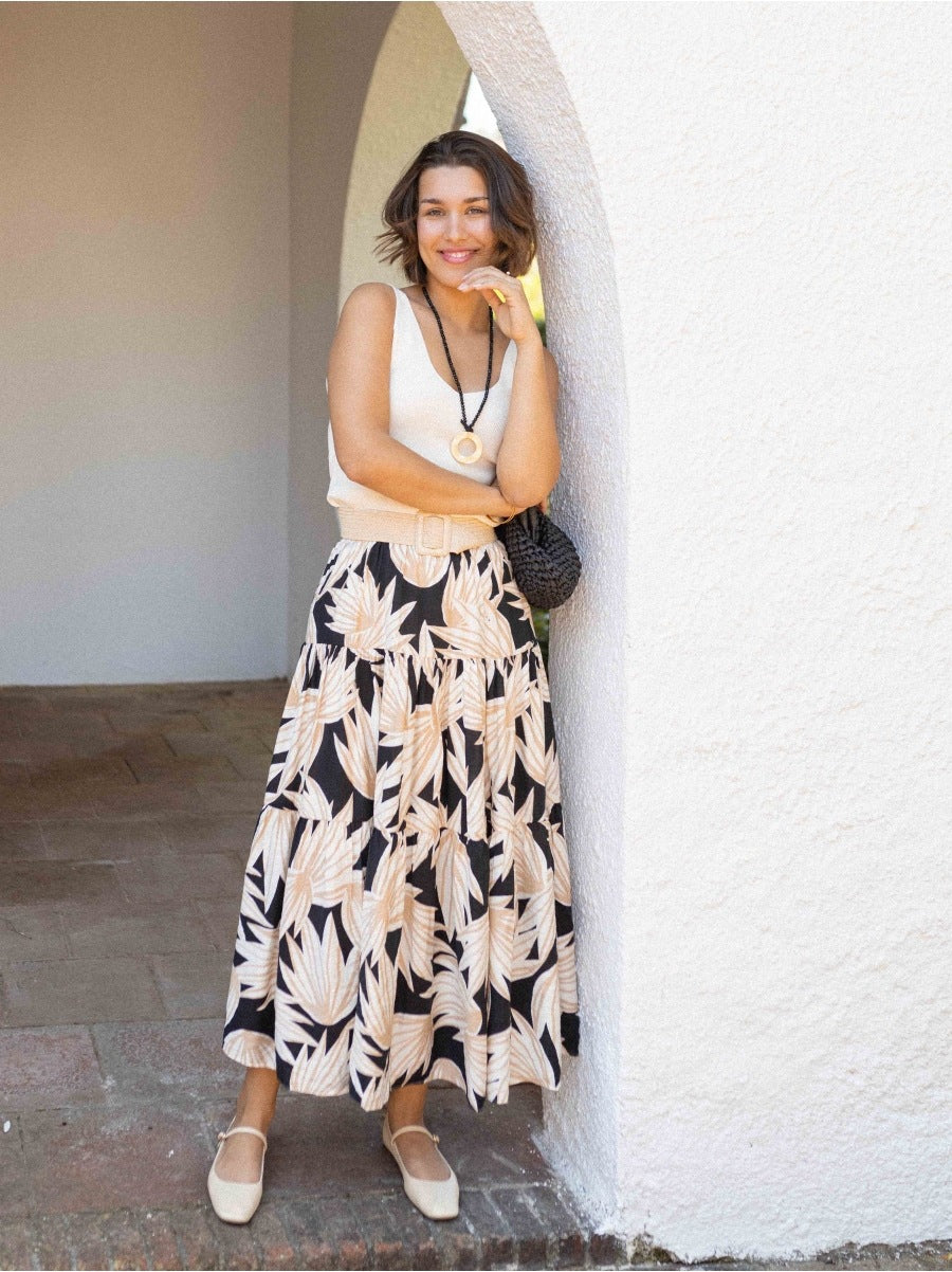 Internet Celebrity Same Printed Elastic Waist Large Swing Casual Holiday Skirt for Women - ALZO