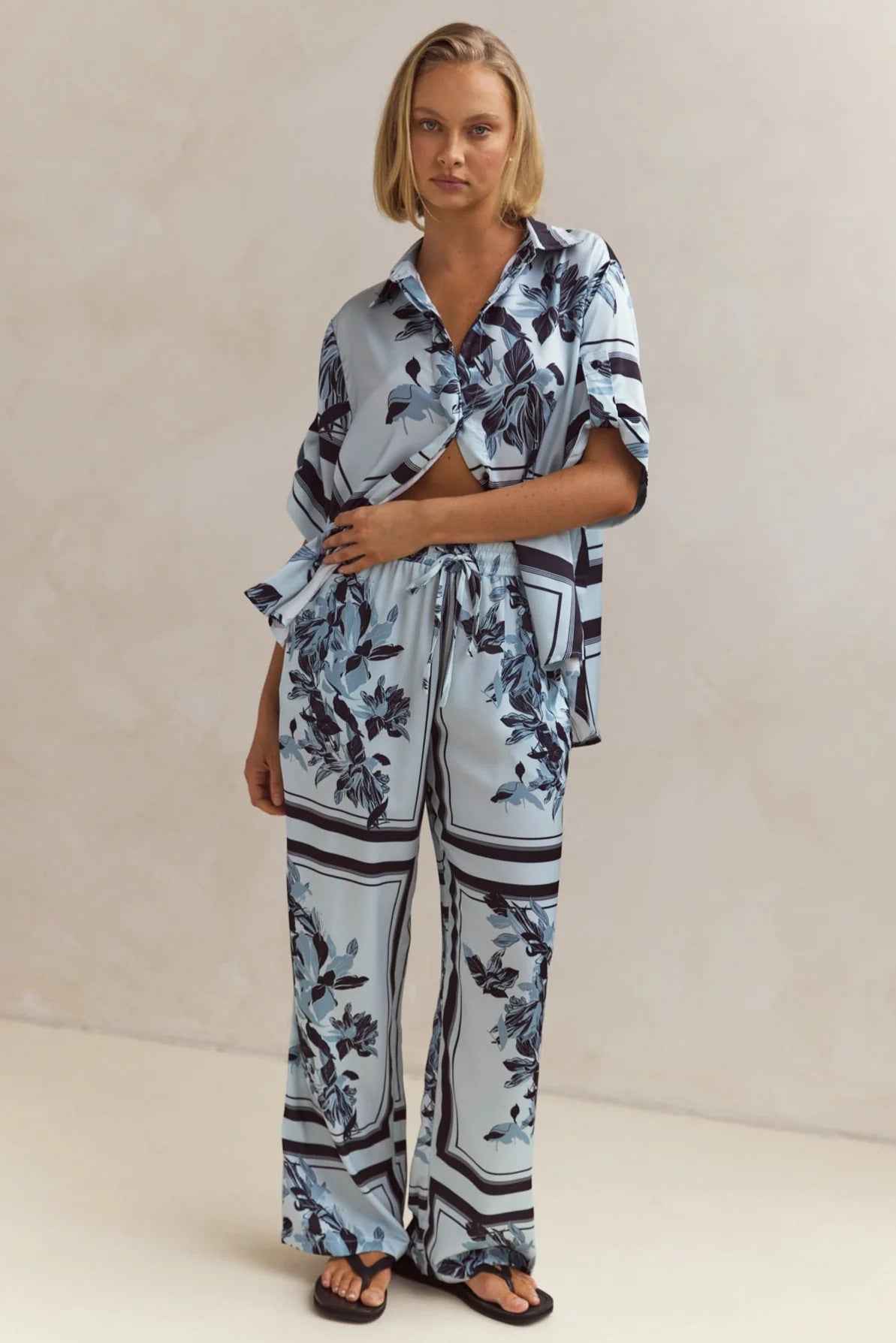 Summer Homewear Casual Printing Cardigan Shirt Trousers Set