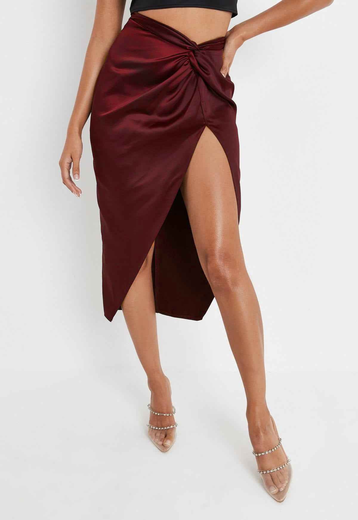 High Waist French Twist Irregular Asymmetric Skirt Sexy Solid Color Satin Split Package Hip with a Zipper Long Skirt for Women