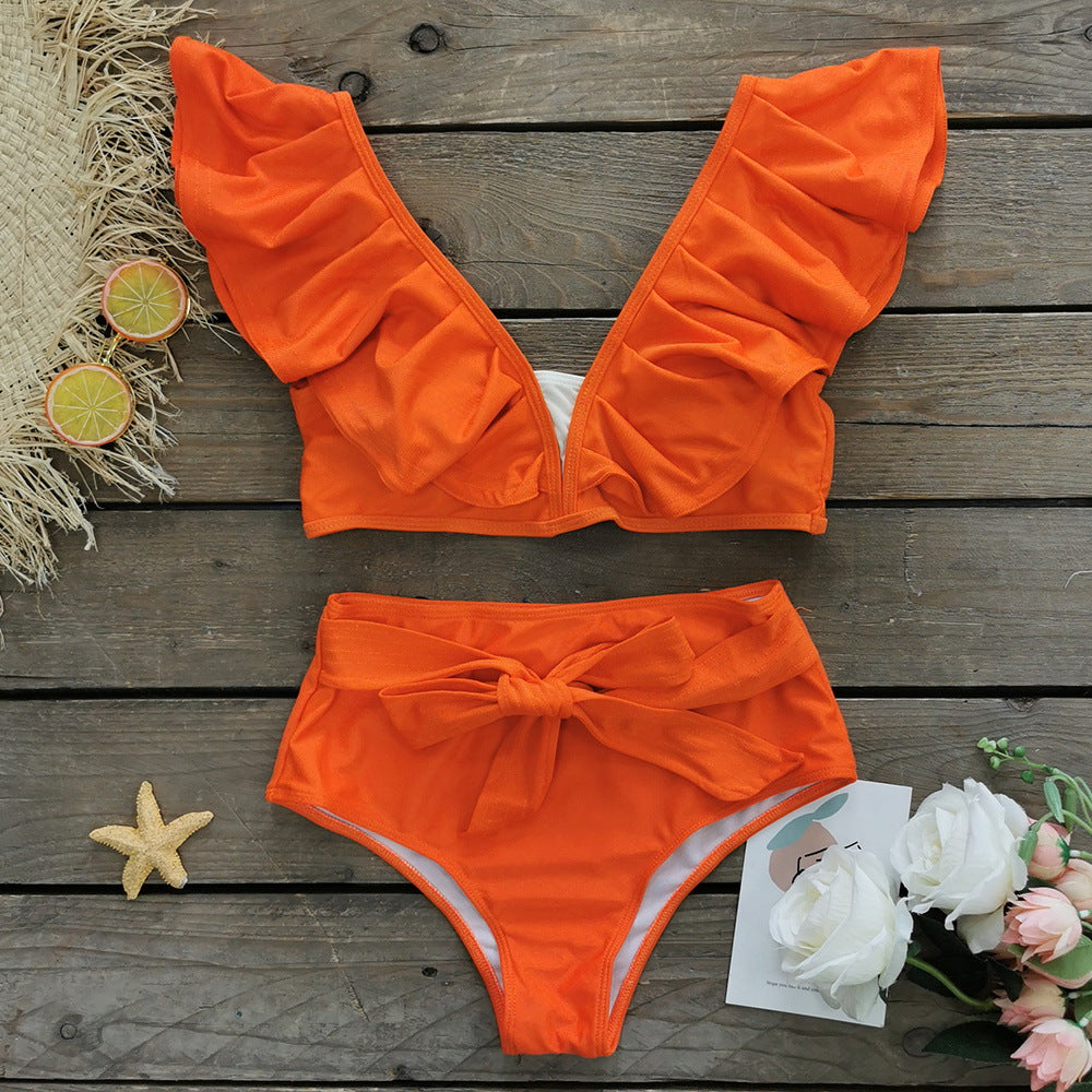 Solid Color Split Swimsuit Women Heavy Industry Line Flounced Sexy Bikini Swimsuit - ALZO