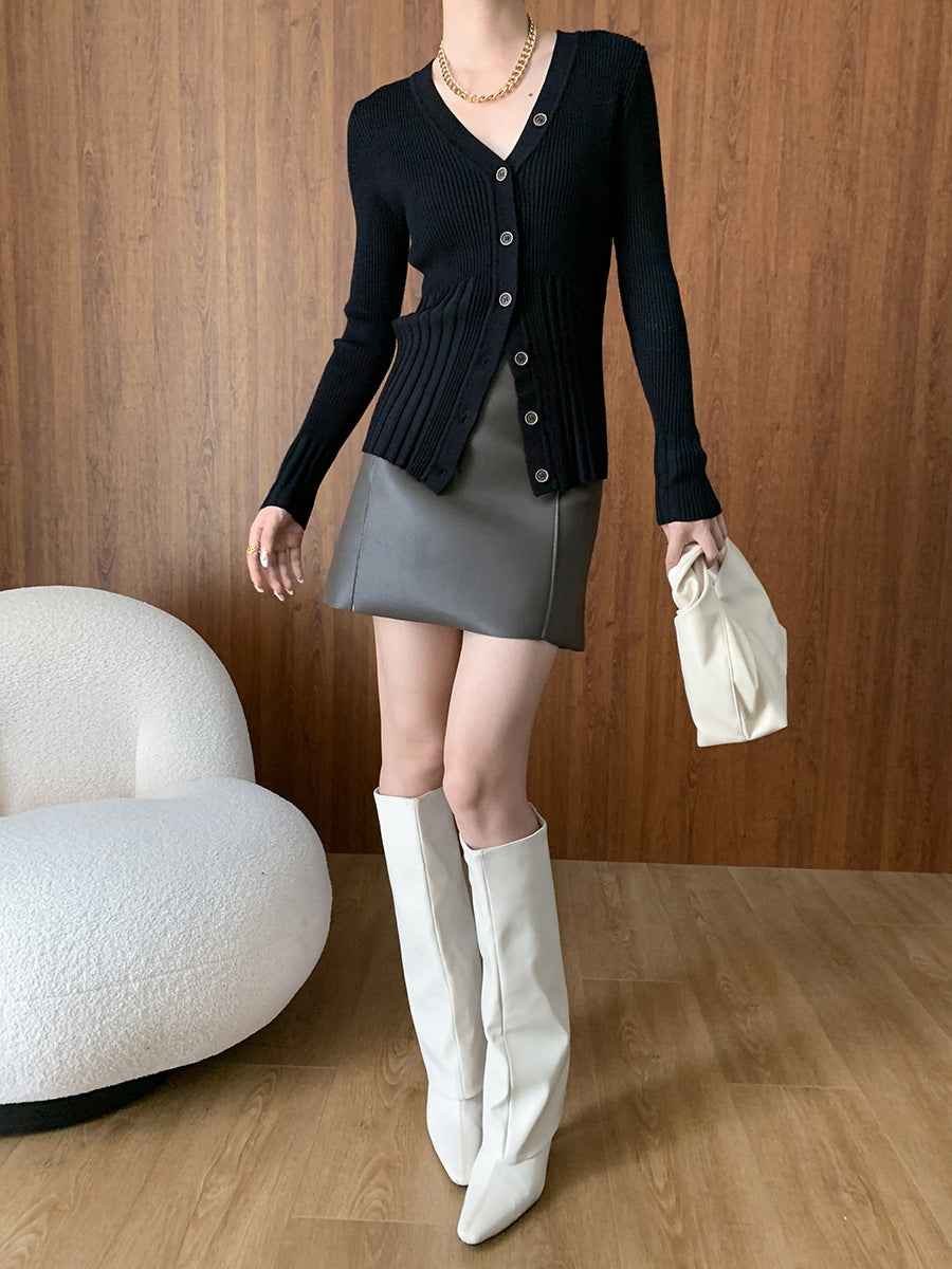 Women Retro Design Slimming Faux Leather A line Skirt Autumn Winter