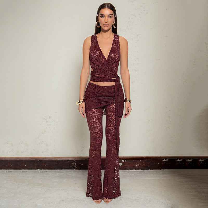 Women Clothing Slim Fit V neck Sling Vest Sheath Flared Pants Lace Two Piece Sets