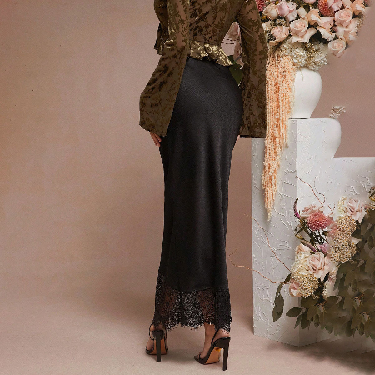 Skirt Lace Stitching Satin Satin Skirt Socialite Women Clothing - ALZO