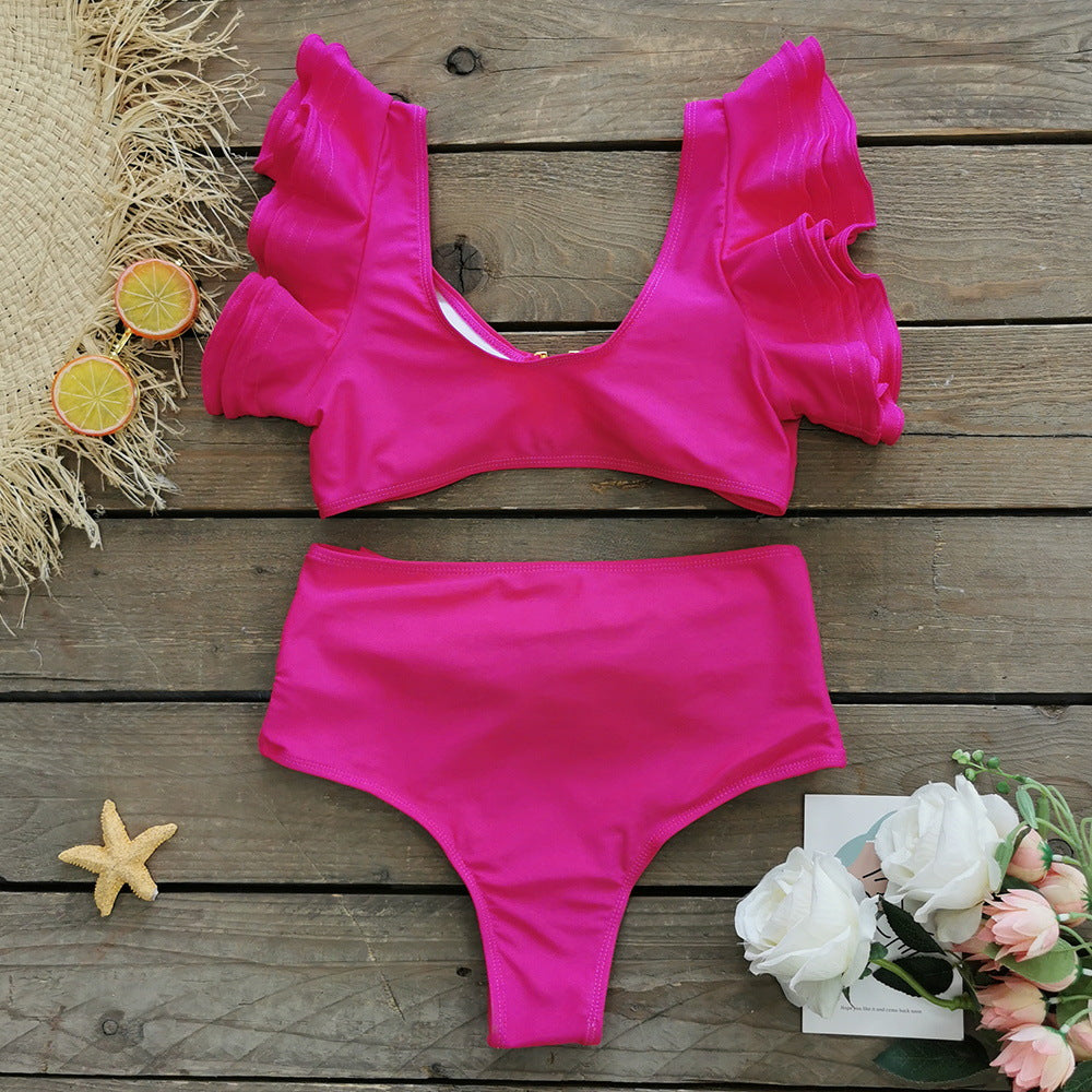 Solid Color Split Swimsuit Women Heavy Industry Line Flounced Sexy Bikini Swimsuit - ALZO
