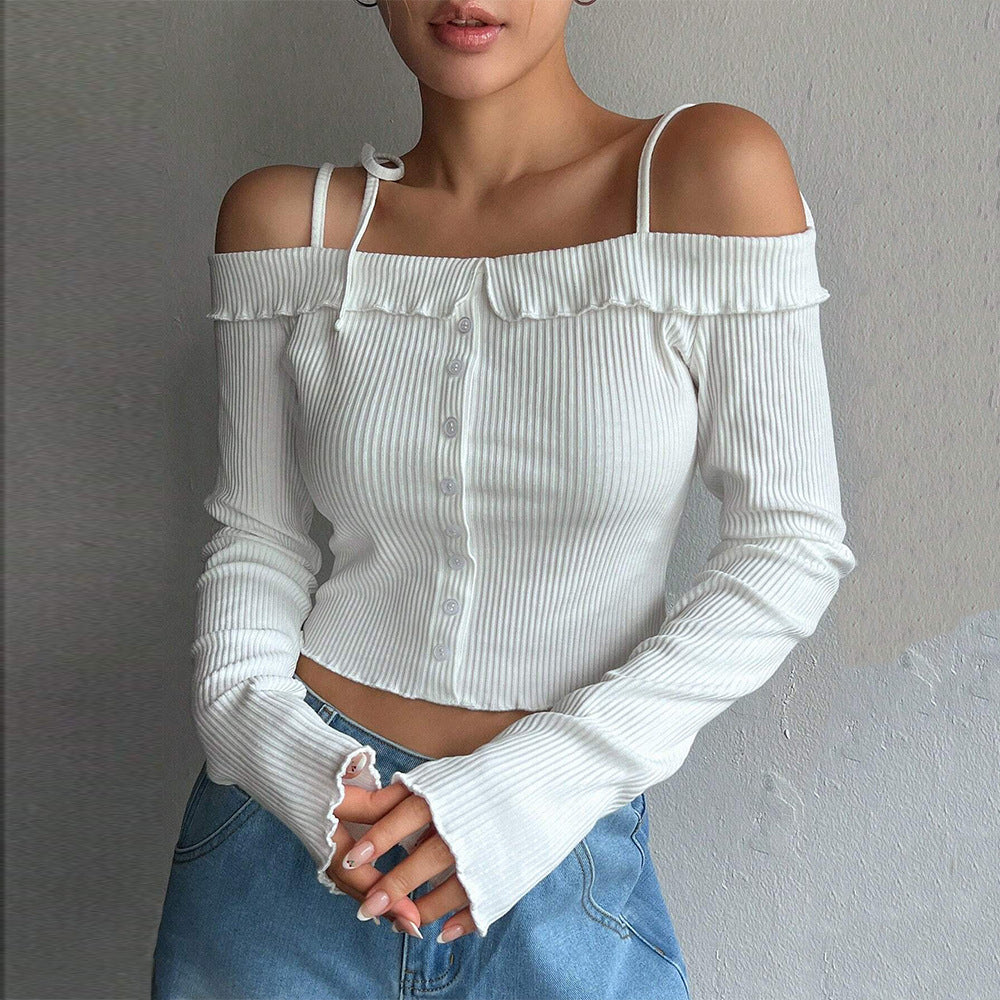 Women Clothing Simple Sweet T Shirt Autumn Winter Boat Collar Strap Short Long Sleeve Top - ALZO