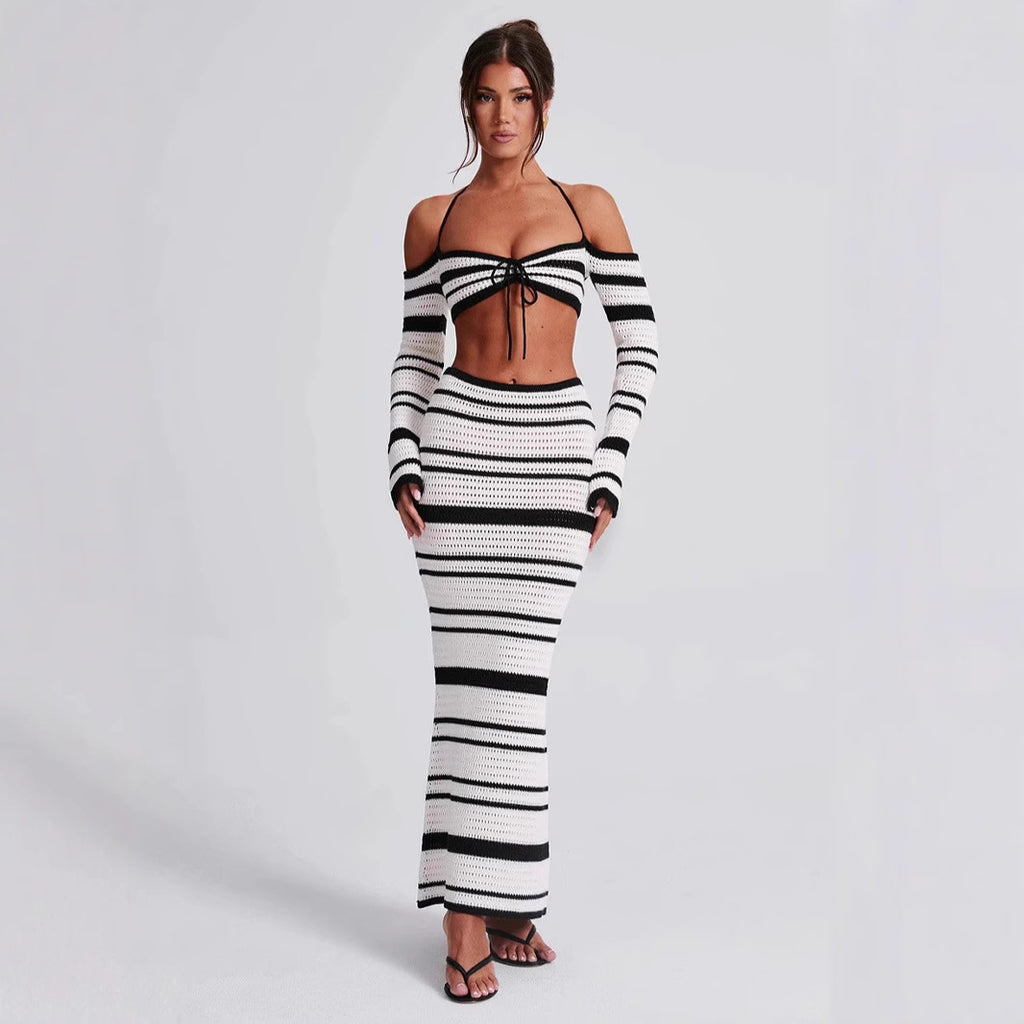 Sexy Women Summer Striped Long Sleeve Halter Top Skirt Two Piece Set for Women - ALZO