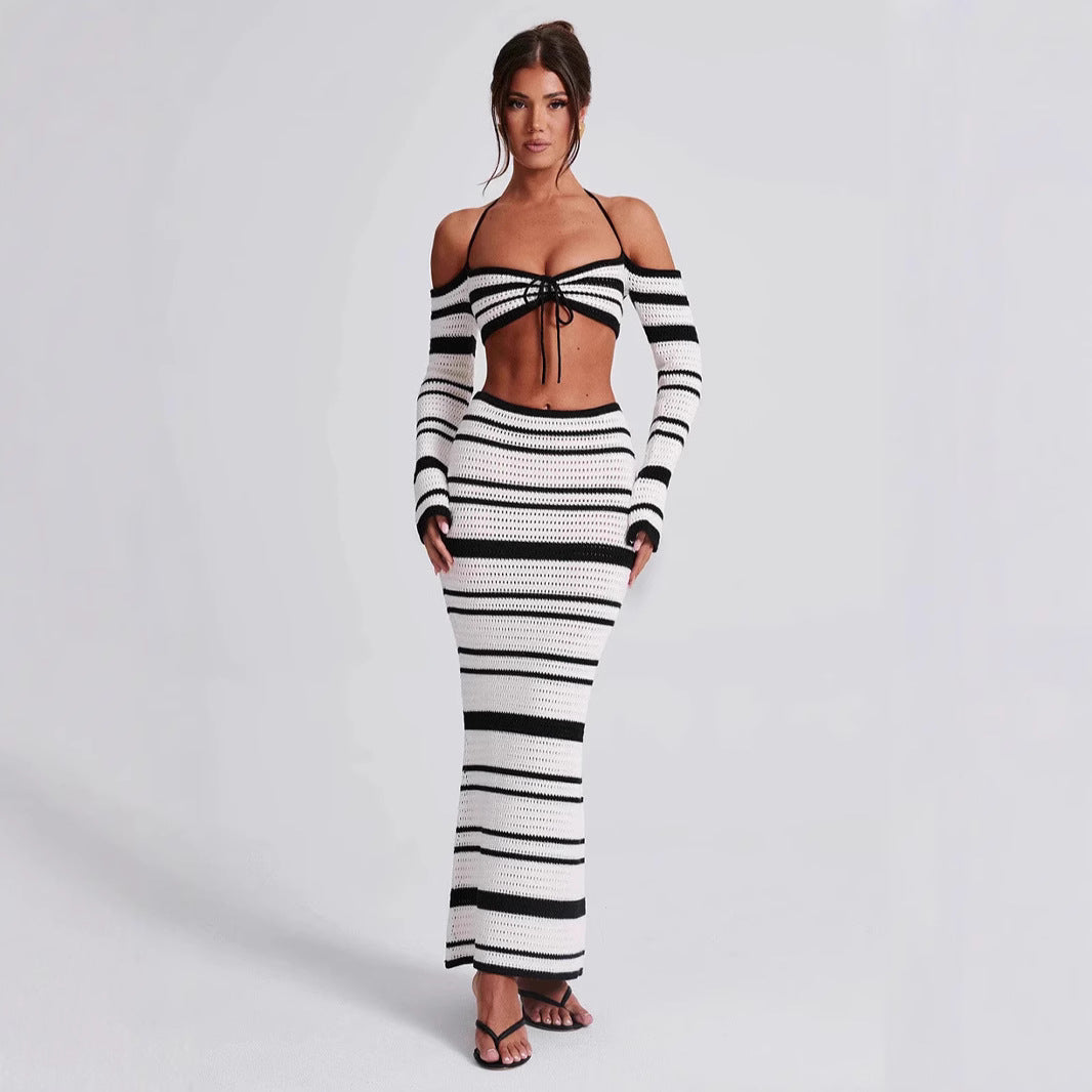 Sexy Women Summer Striped Long Sleeve Halter Top Skirt Two Piece Set for Women - ALZO