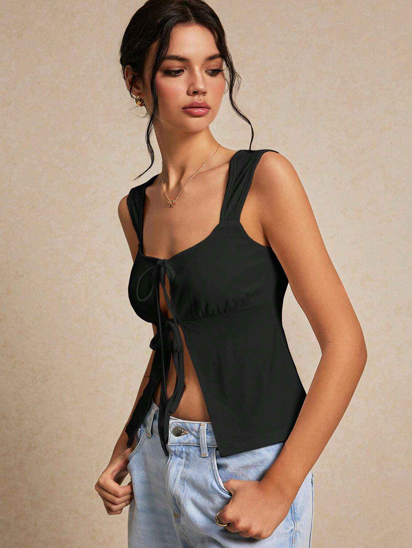 Spring Summer Women Clothing Sexy Intellectual Vest Lace up Cardigan Design Blouse