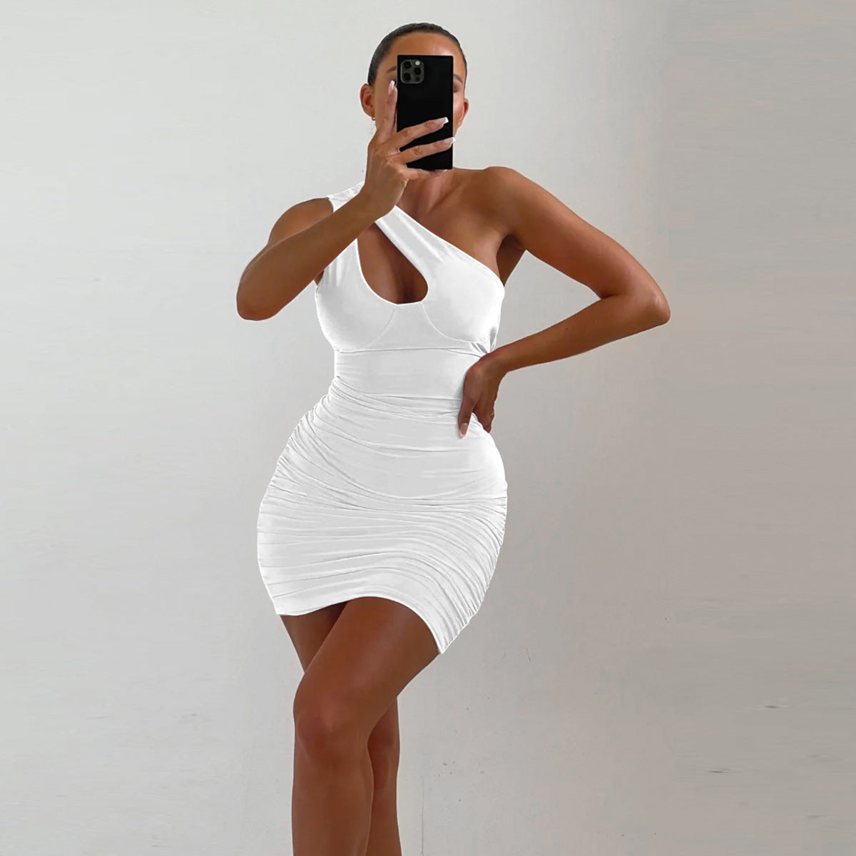 Shoulder Diagonal Collar Dress Summer Sexy Hollow Out Cutout Sheath Pleated Dress - ALZO