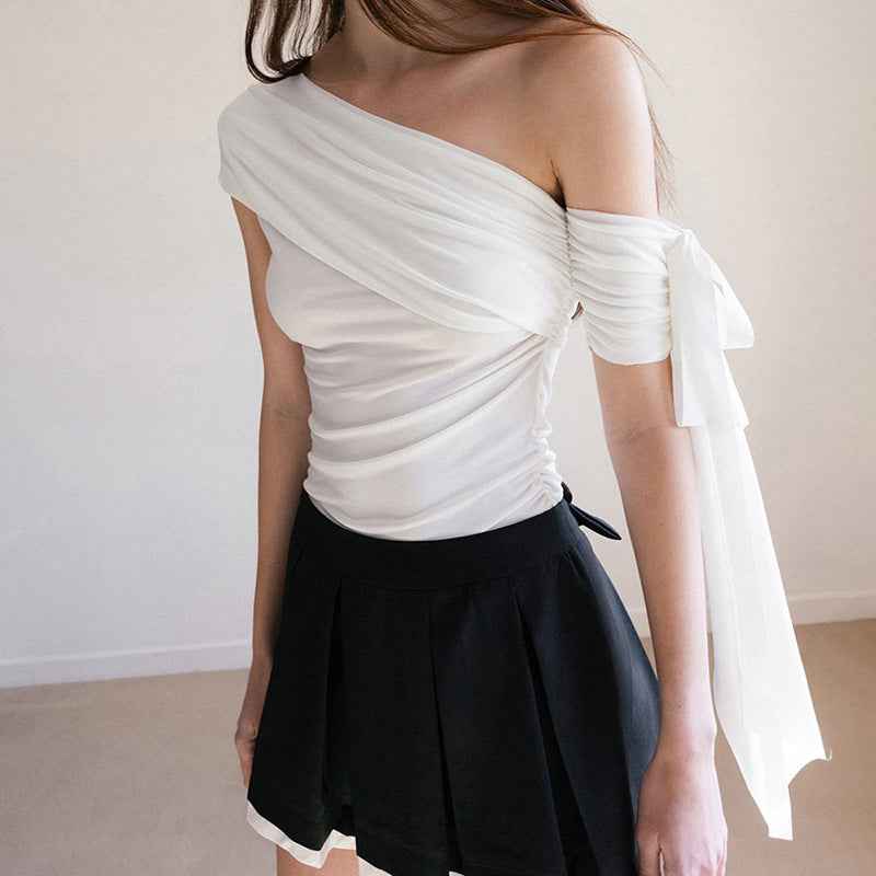 Sweet Diagonal Collar Bow Design Short Top Girl Pleated Waist Tight Slimming Casual Cold Shoulder Short Sleeve