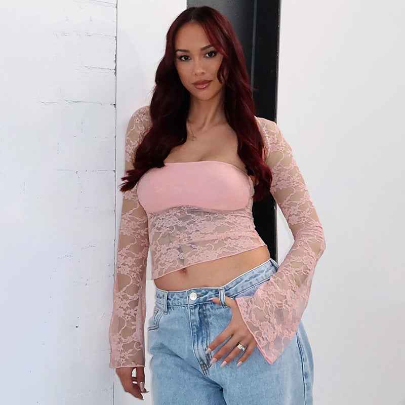 Autumn Casual Sexy All Matching Lace Tube Top Two Piece Blouse Women