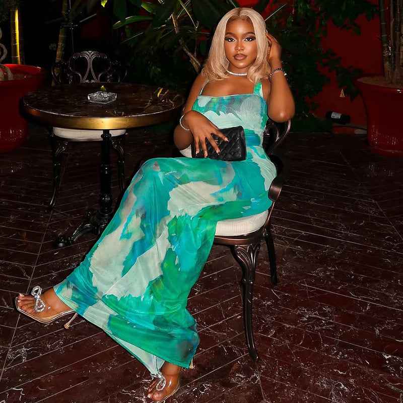Printed Color Matching Skirt Set Sheath off the Shoulder Strap Dress Two Piece Set Fresh Fit Women Clothing