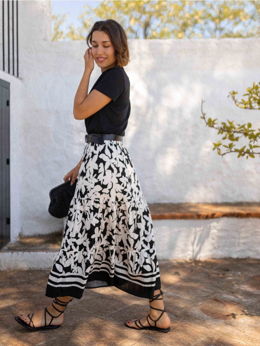 Summer Internet Celebrity Same Plant Printing Casual Vacation Big Hem Skirt - ALZO