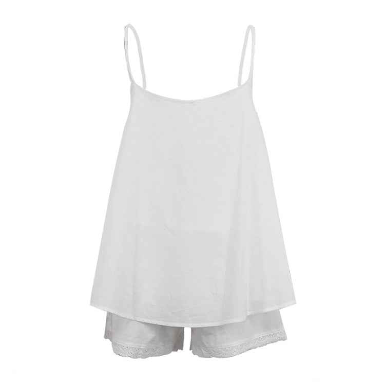 Cotton Casual Women White Sleeveless Loose Strap Top Shorts Two Piece Sets