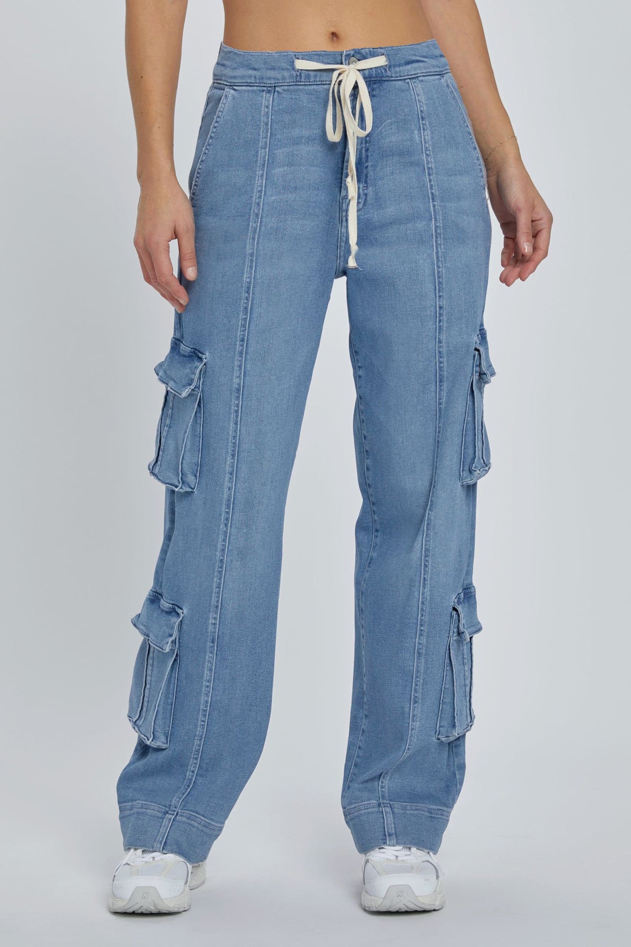 Spring Street Washed Cargo Pants Women Multi Pocket Wide Leg Lace up Jeans - ALZO