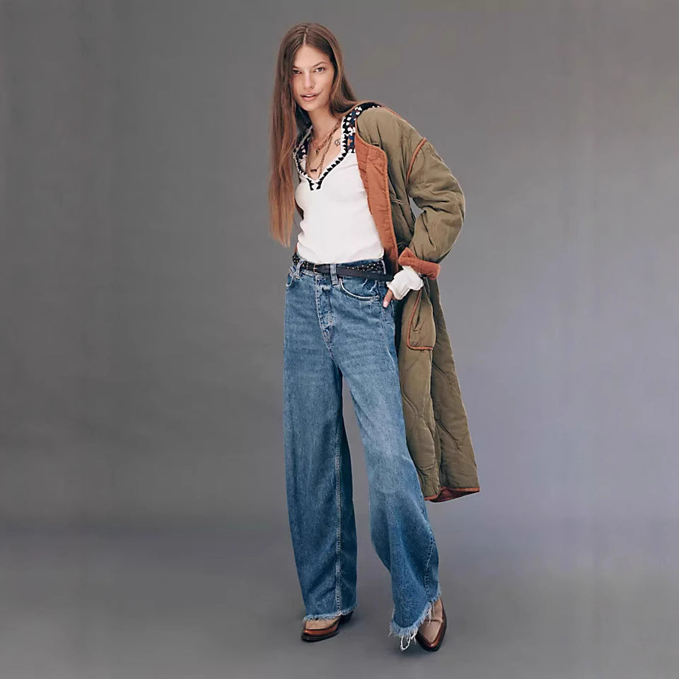 Retro Washed High Waist Drooping Straight Wide Leg Denim Trousers - ALZO