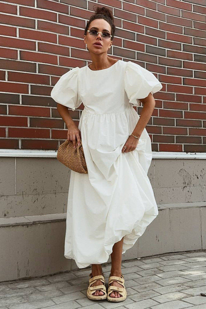 Cotton round Neck Puff Sleeve Dress Spring Summer Solid Color Loose Casual Dress for Women - ALZO