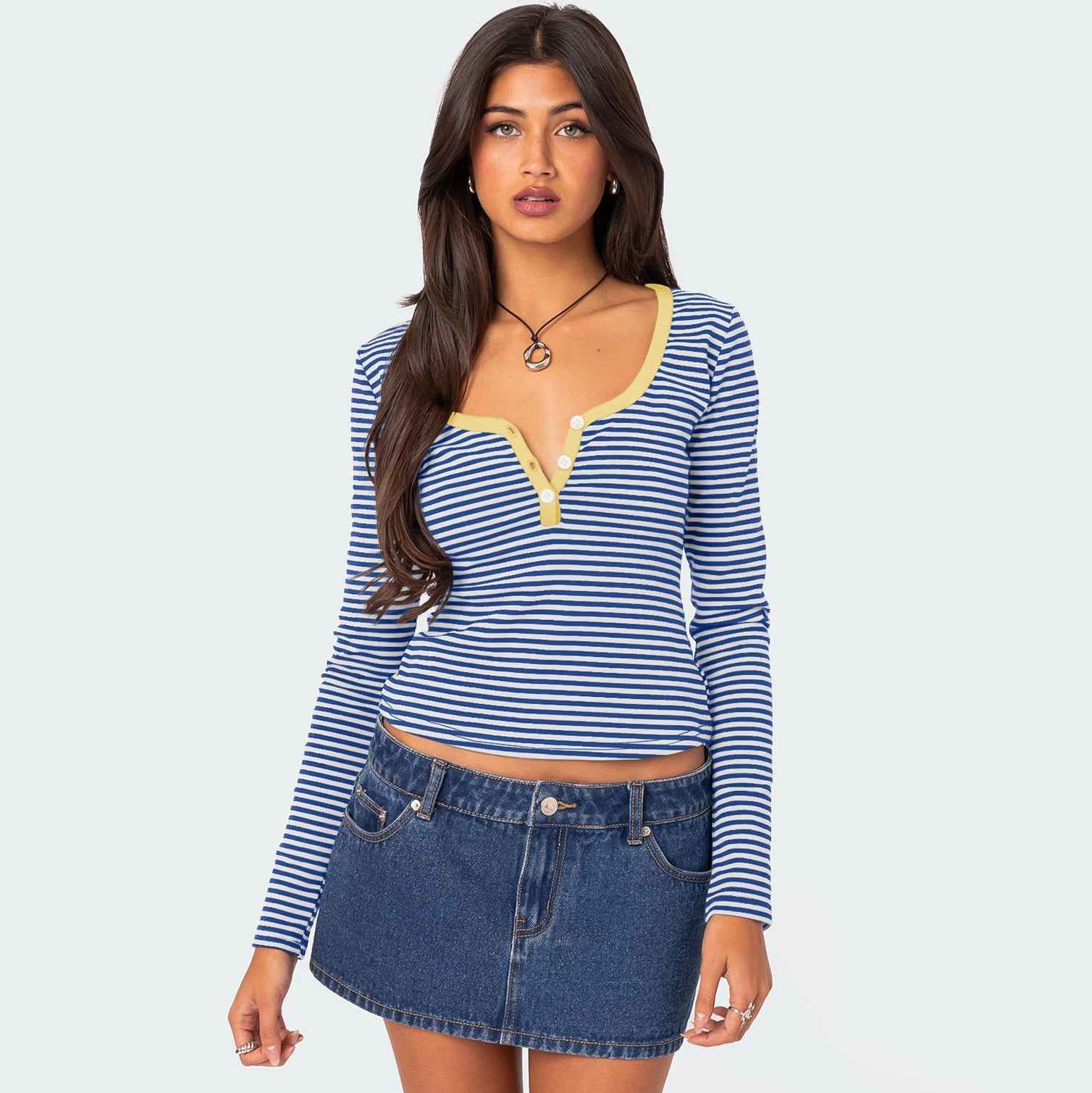 Contrast Color Striped Sweater Clothes Women Top Button Slim Fit Shoulder T shirt Pure Cotton