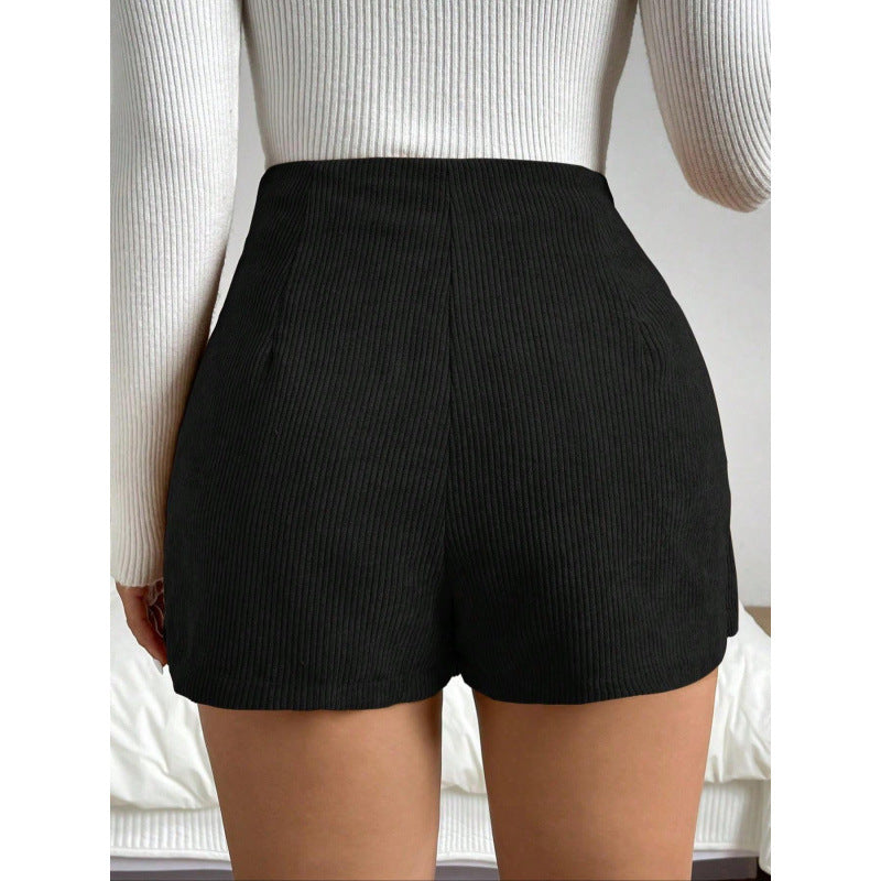 Women Solid Color Corduroy Dress Front Irregular Asymmetric Short Culottes - ALZO