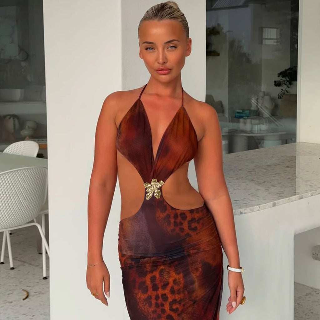 Women Summer Sexy Hollowed Printing Slim Fit Slit Dress - ALZO
