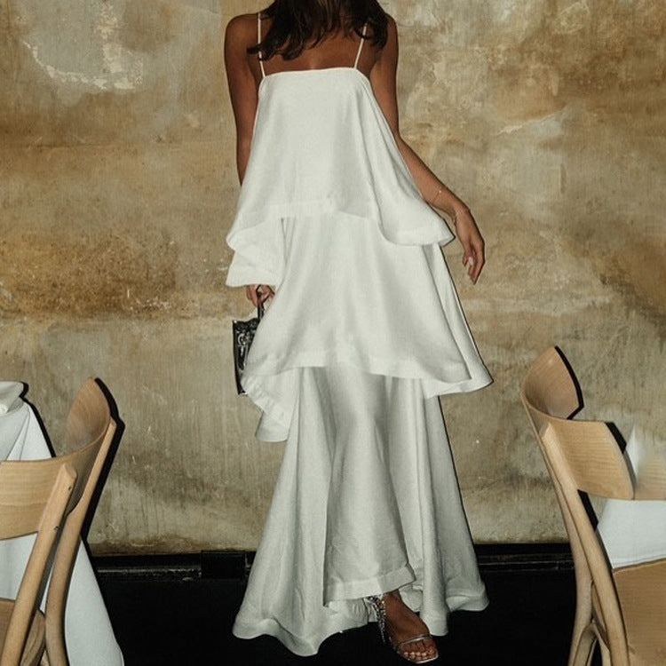 French Sleeveless White Satin Drape Women Dress Design Casual Cami Dress Tiered Dress - ALZO