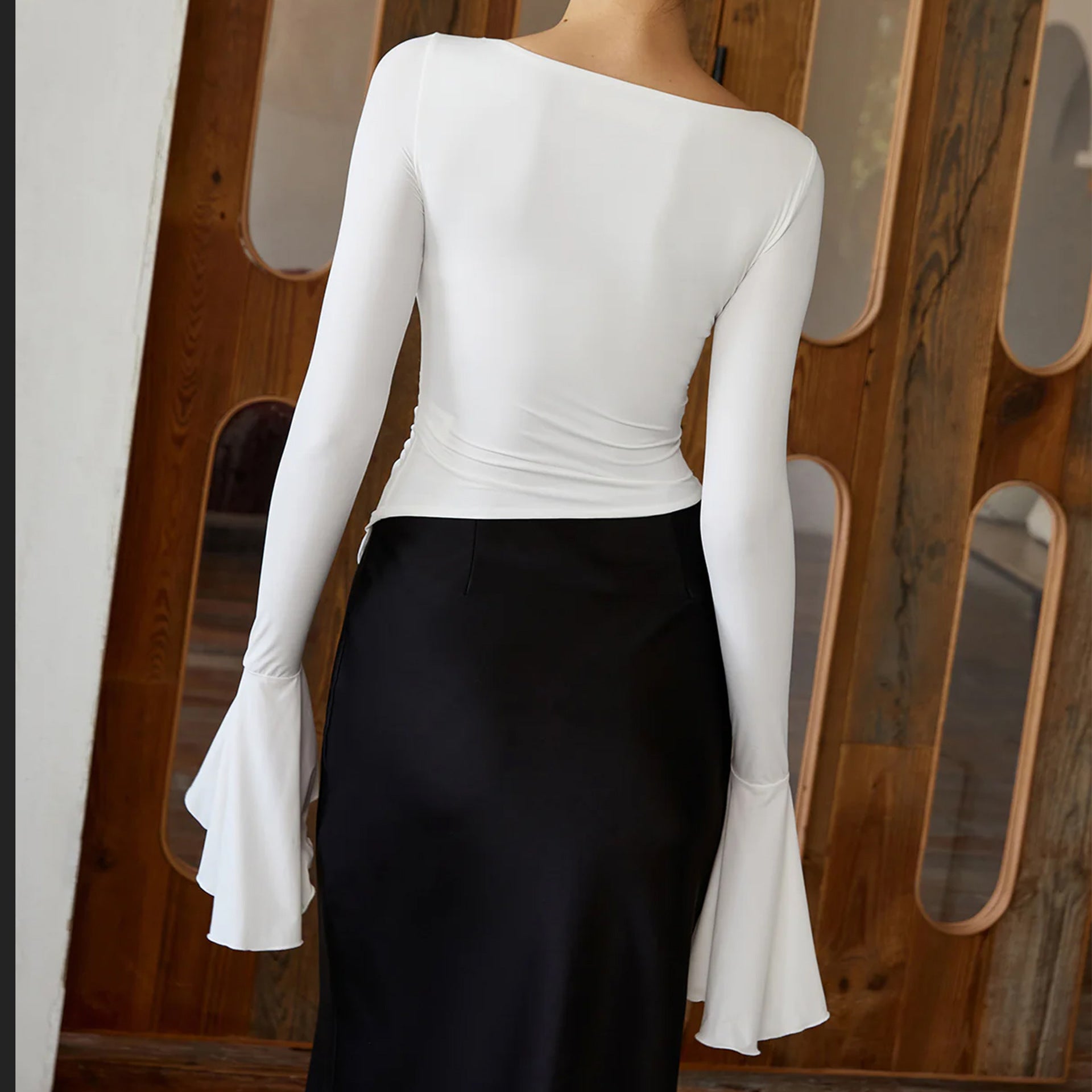 Simple White T shirt Autumn Winter Flare Sleeve Underwear Blouse Inner Slim Fit Slimming Women - ALZO