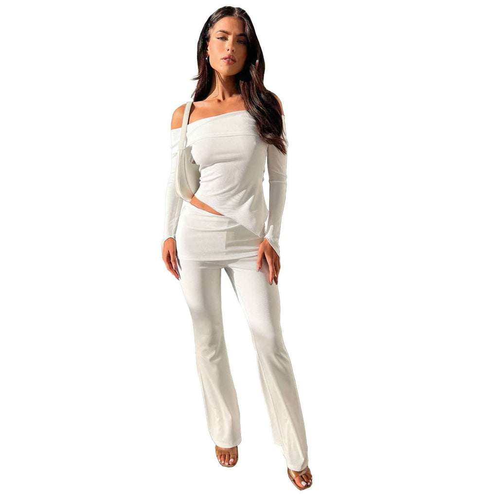 Women Clothing Small Sunken Stripe Irregular Asymmetric off Shoulder Collared Waist Bell Bottom Pants Two Piece Set