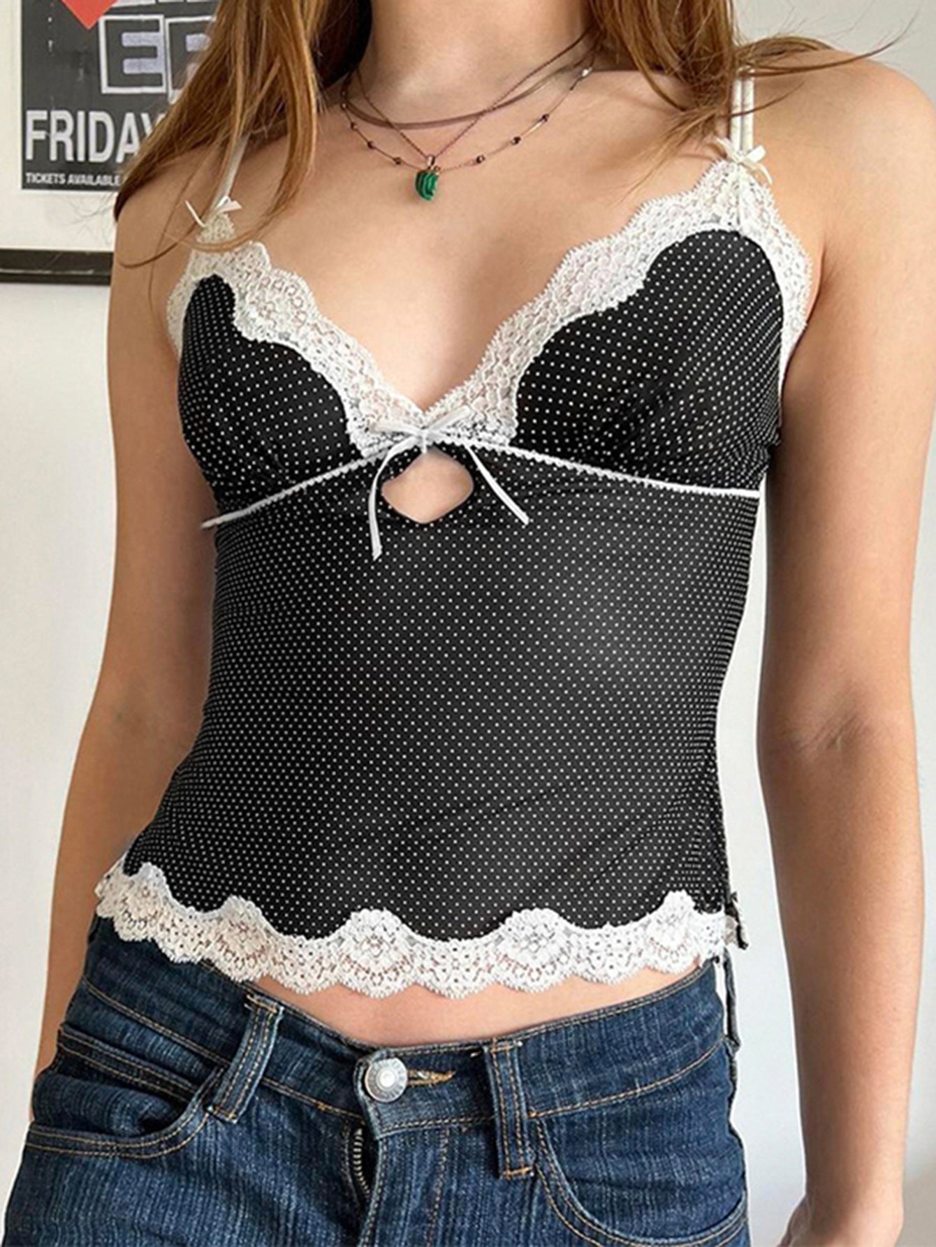 Spring Summer Sexy Sexy Hollow Out Cutout out V neck Backless Strap Top Lace Stitching Polka Dot Vest - ALZO