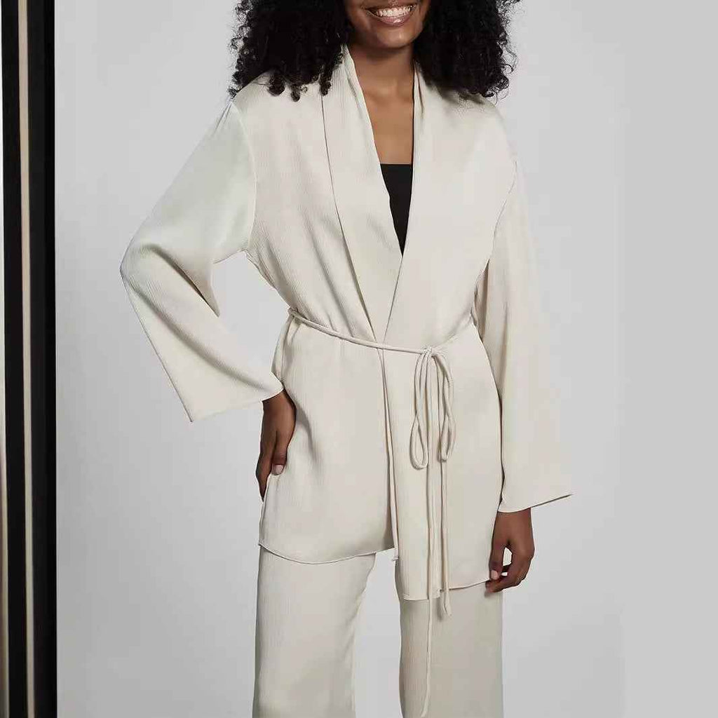 Women Clothing Two Piece Sets Loose Lace up Lead Peplum Top Wide Leg Trousers