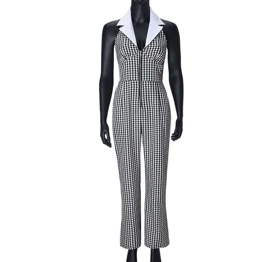 Sexy Backless Hollow Out Cutout out Loose Waist Blouse Collar Zipper Plaid Jumpsuit Wide Leg Pants