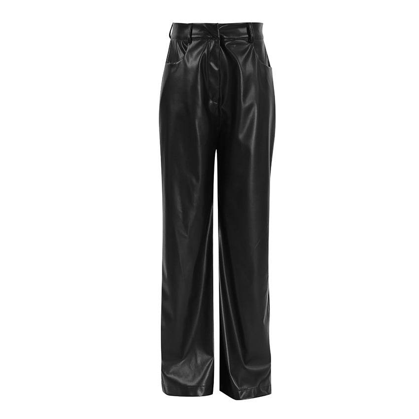 Fall French Vintage Fleece Lined Matte Leather Slim Fit Elegant Black High Waist Loose Office All Matching Trousers for Women - ALZO