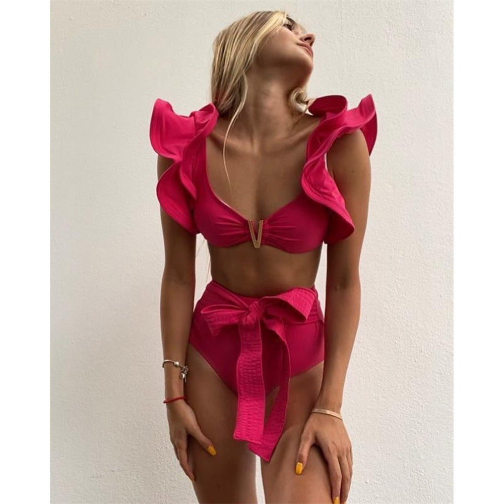Solid Color Split Swimsuit Women Heavy Industry Line Flounced Sexy Bikini Swimsuit - ALZO