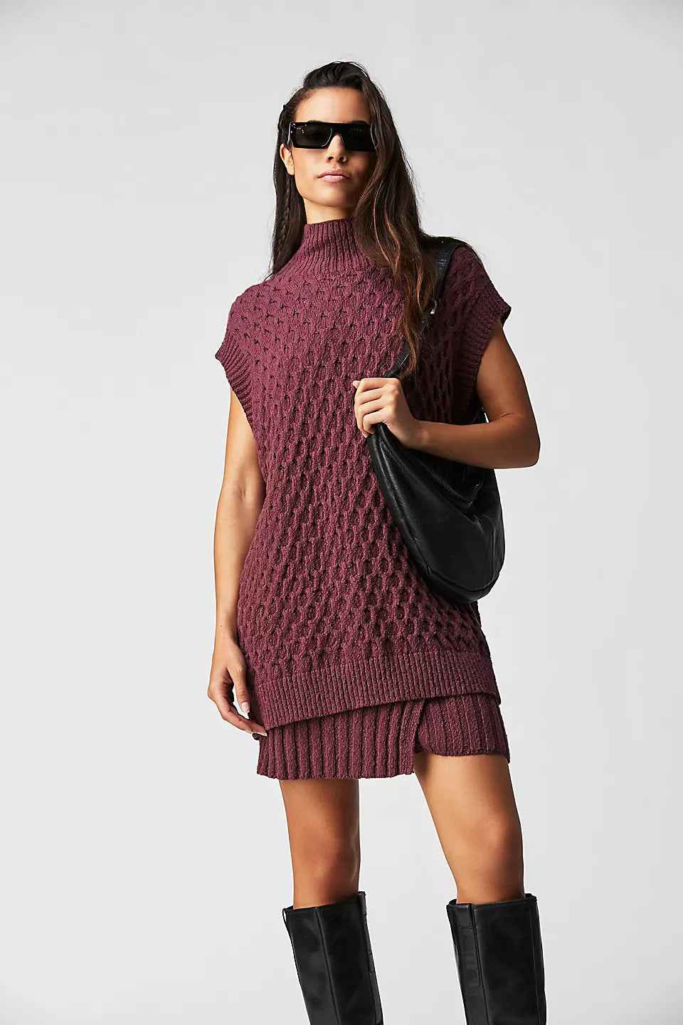 Autumn Winter Women Solid Color Sleeveless Casual Loose Woolen Top Sexy Skirt Two Piece Sets