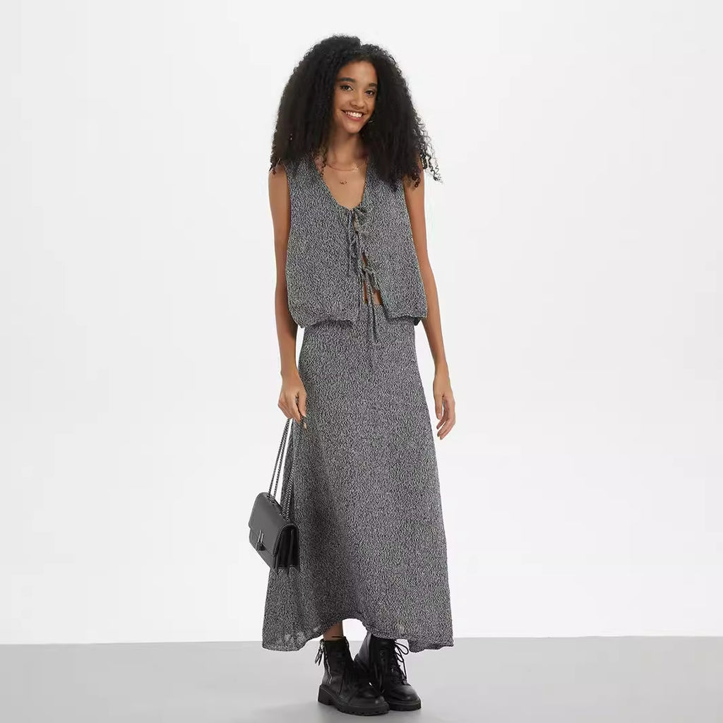 Women Clothing Two Piece Sets V neck Lace up Organization Vest High Waist A line Skirt - ALZO
