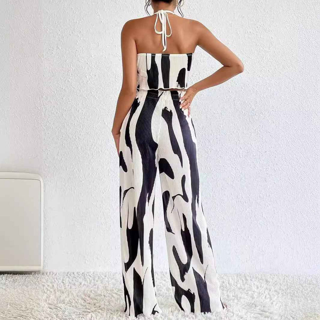 Women Clothing Summer Big Pit Stripe Printed Halter Wide Leg Trousers Casual Sets