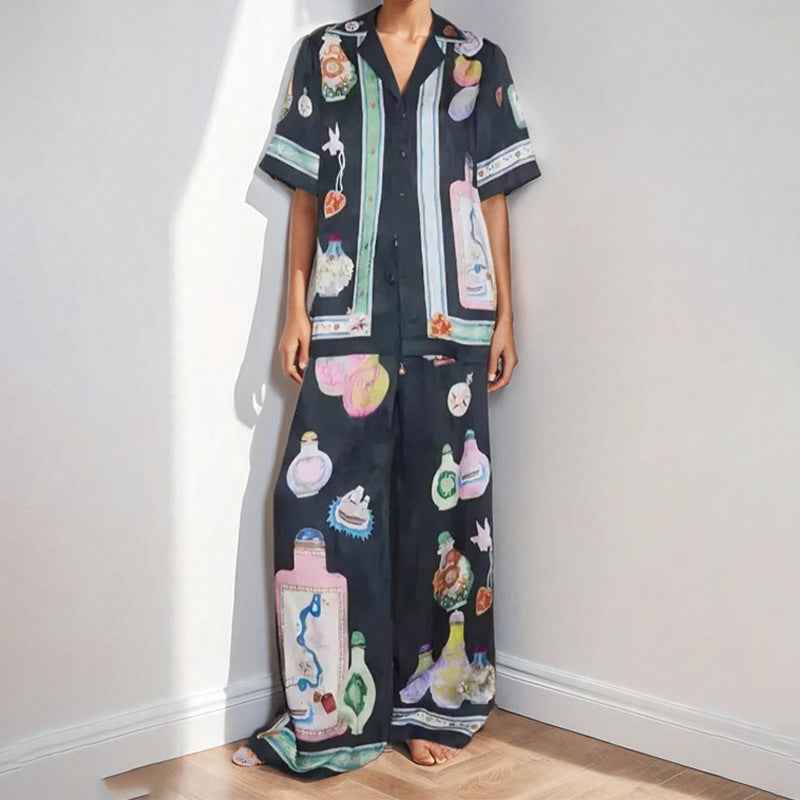 Women Clothing Personalized Printed Short Sleeved Cardigan Color Matching Vacation Casual Set Women