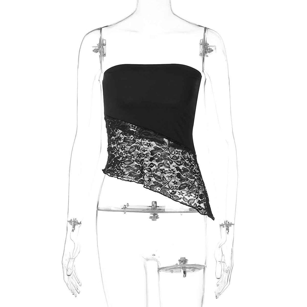 Sexy Tube Top Stitching Lace Beveled Slim Fit Sexy Strap Women Clothing