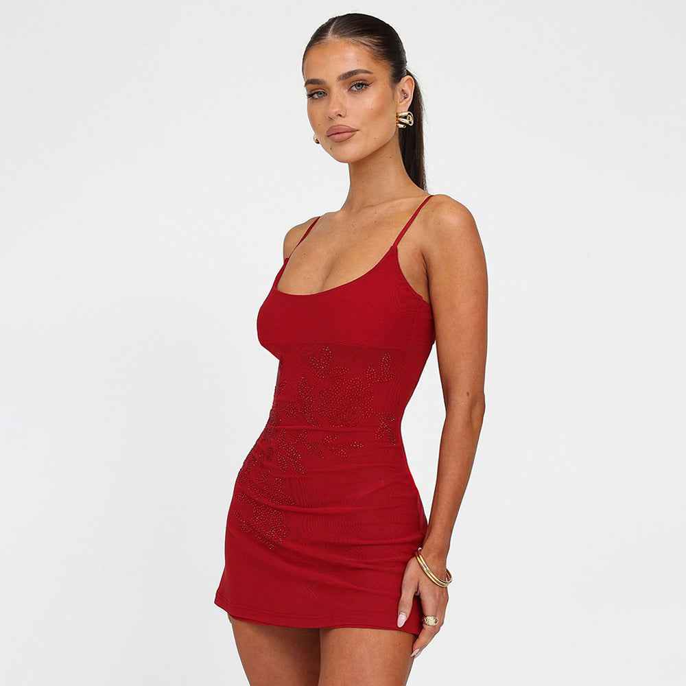 Rhinestone Sexy Suspenders Dress Backless Sleeveless Slim Fit Sexy Hip