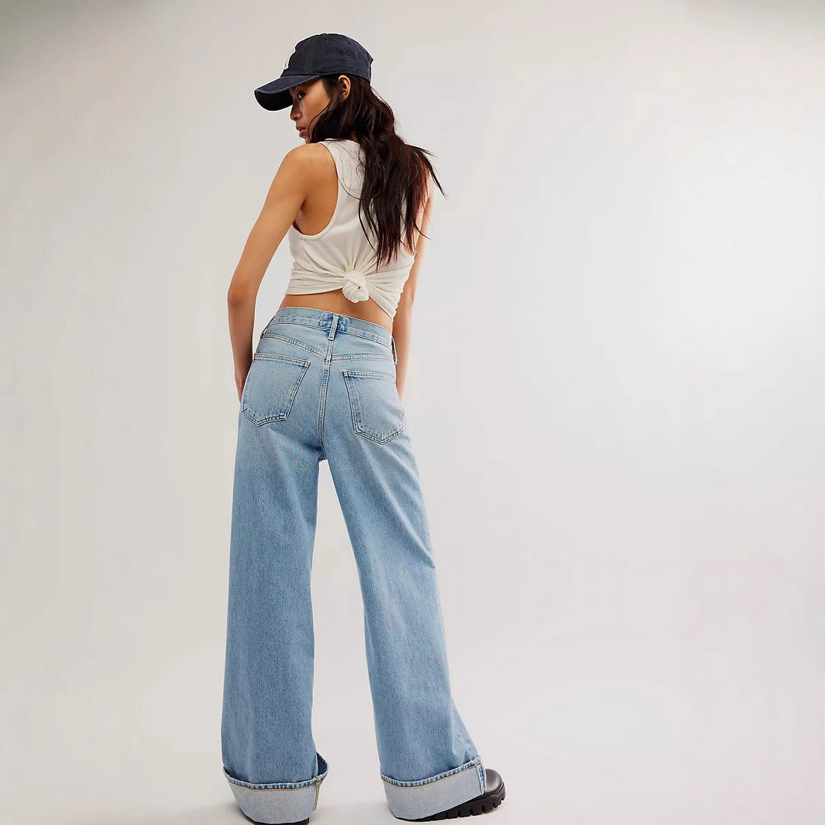 Retro High Waist Slimming Straight Casual Wide Leg Loose Washed Design Jeans - ALZO