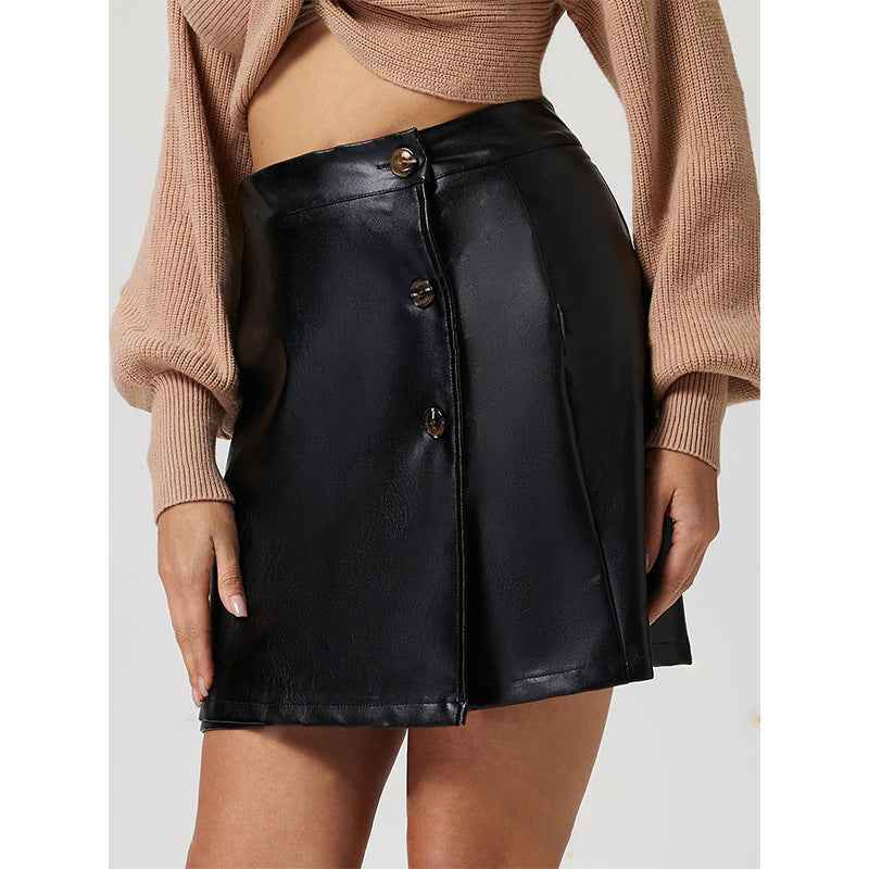 Women Clothing All Match Sexy Sheath Button Faux Leather Half Length