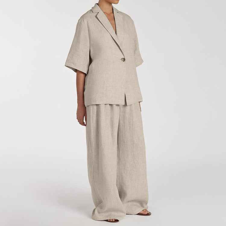 Spring Summer Linen Office Women Collared Half Sleeve Cardigan Top Loose Wide Leg Pants Two Piece Set