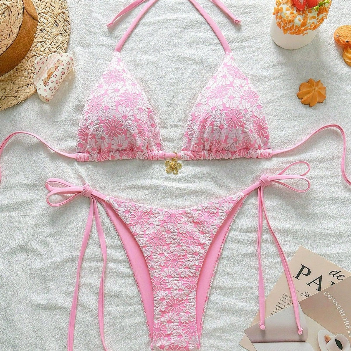 Sexy Floral Bikini Lace up Split Swimsuit Fresh Bikini Swimsuit - ALZO
