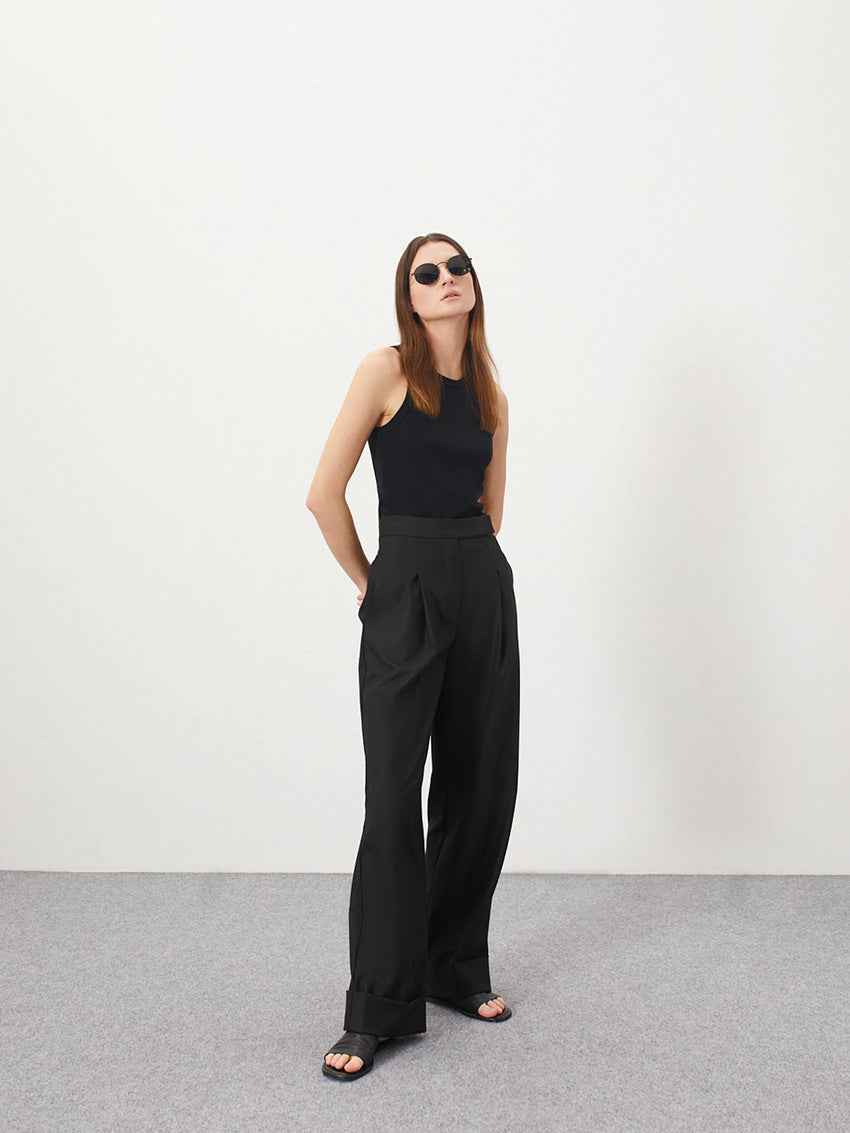 Spring Summer Black Mopping Work Pant Loose High Waist Pocket Drape Casual Comfortable Wide Leg Pants Women Clothing