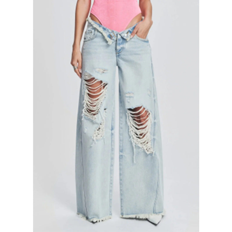 Ladies Jeans Ripped Irregular Asymmetric Side Turn Waist Wide Leg Trousers Women - ALZO