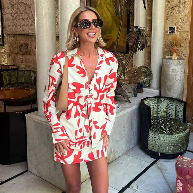 Summer Printed Short Skirt Collared Loose Women Shirt Casual Suit - ALZO