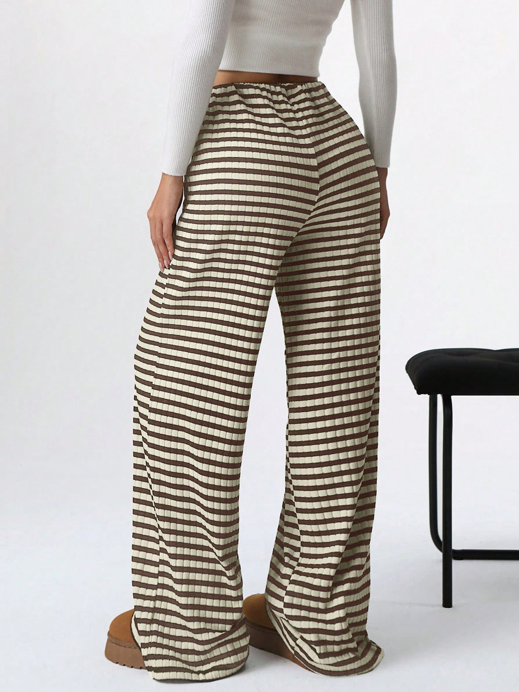 Autumn Winter Women Casual Striped Solid Color Rubber Band Drawstring Straight Leg Pants - ALZO