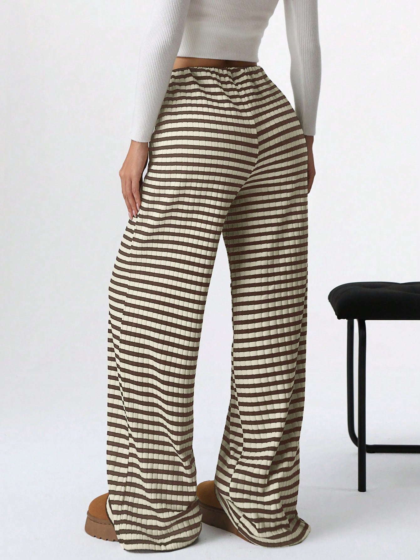 Autumn Winter Women Casual Striped Solid Color Rubber Band Drawstring Straight Leg Pants - ALZO